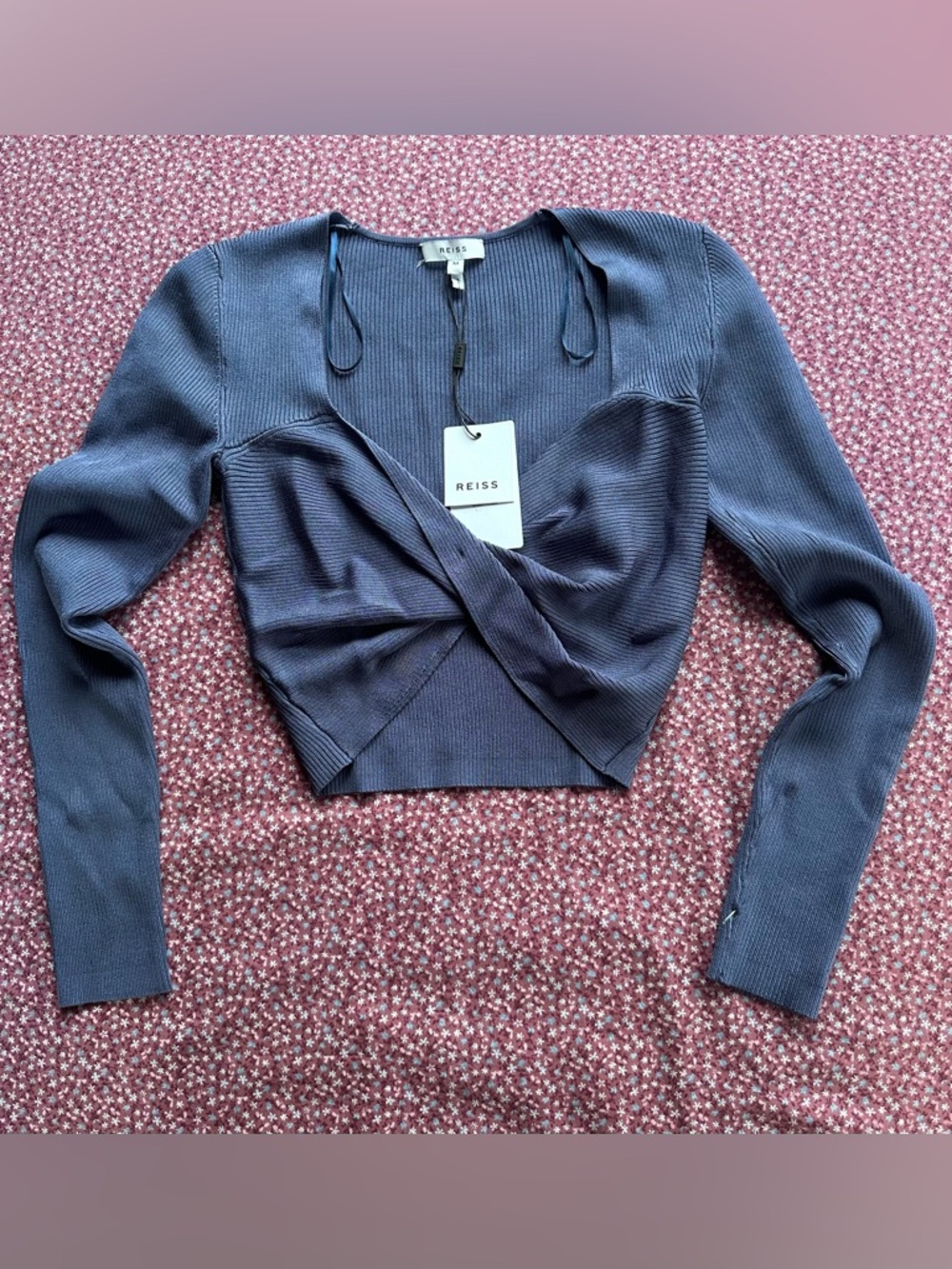 Reiss Iona Slate Blue Twist-Front Ribbed Crop Top